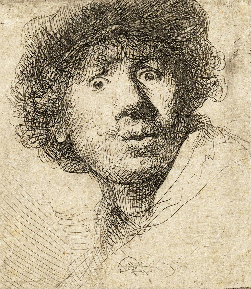 Self Portrait in a Cap, Wide-Eyed and Open-Mouthed in Detail Rembrandt